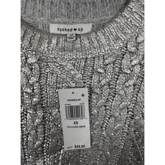 Hooked up by Lot Juniors' Shine Cable-Knit Crewneck Sweater Silver Size XS NWT's - Picture 6 of 8